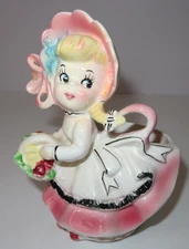 Vintage Artmark  Bo Peep Style Girl Planter Pink w/Flower Basket Japan