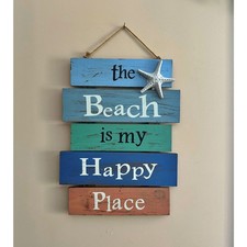 Hanging Wooden Plaque Sign "The Beach Is My Happy Place" Beach House Decor Ocean