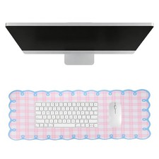 Scalloped Desk Mat, 31.5 x 11.8" Checkered Large Mouse Pad, Mix Pink Blue