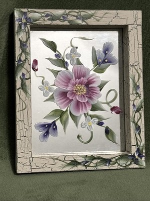 Shabby Chic Hand Made Hand Painted Floral Wood Framed Wall Mirror 7 x 5.75 in