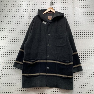 Vintage Basco Wool Coat Men Medium Gray Blanket Striped 80s Oversized Hood GAP