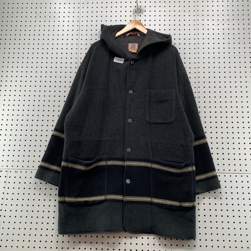 Vintage Basco Wool Coat Men Medium Gray Blanket Striped 80s Oversized Hood GAP