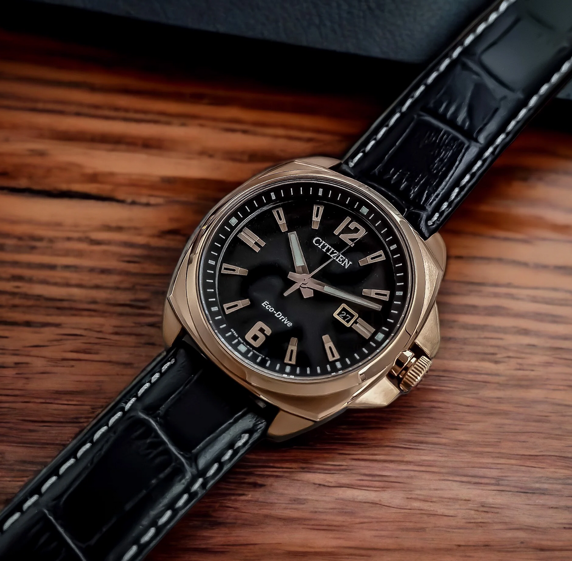 Citizen Eco-Drive Rose Gold Sapphire Crystal Black Dial Leather