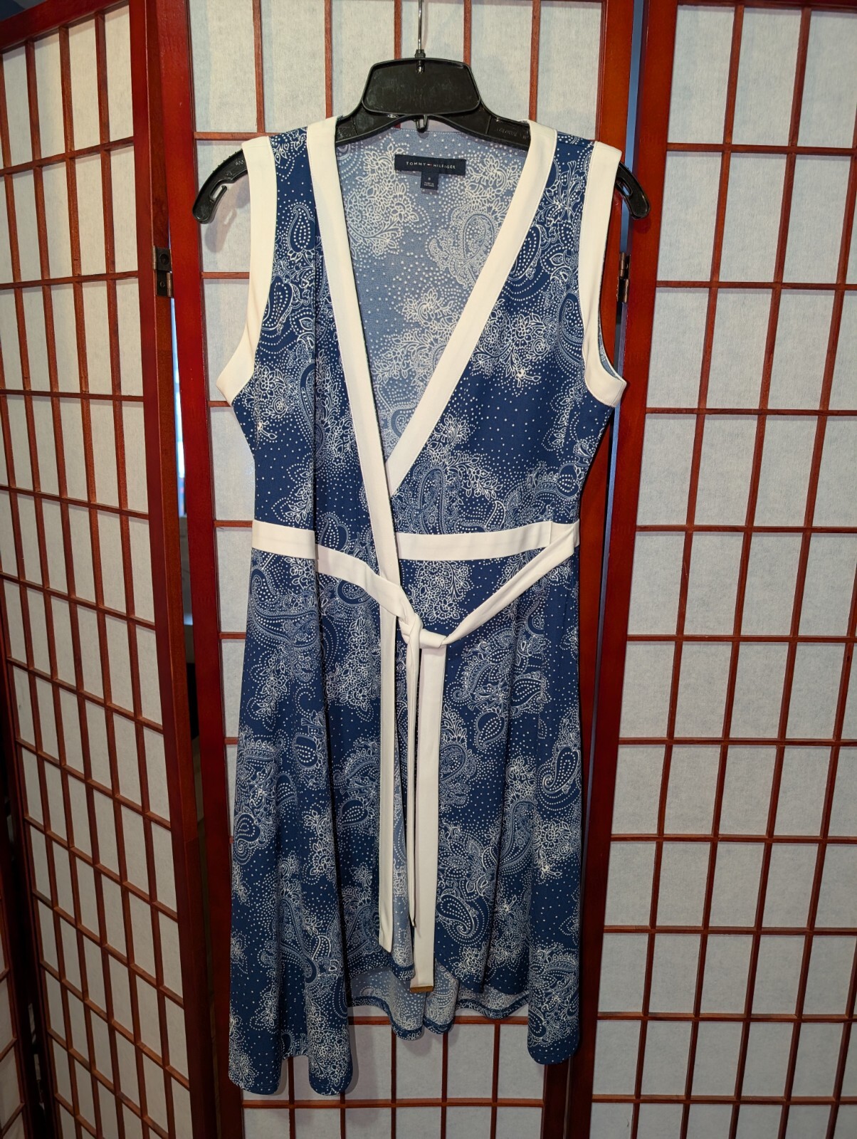 Tommy Hilfiger Blue & White Paisley V-neck Wrap Dress