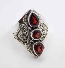 Red Garnet Ring 925 Sterling Silver Band Ring Handmade Ring Three Stone Ring