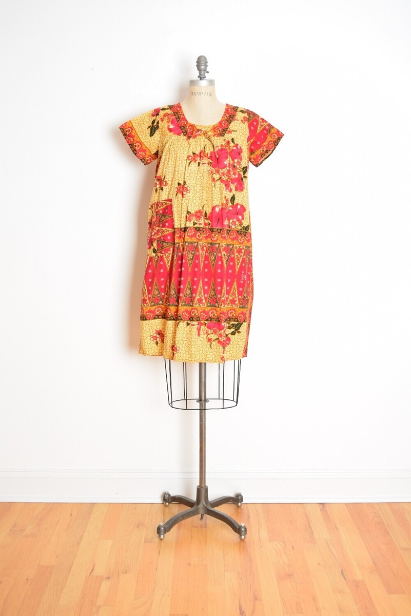 vintage dress yellow pink batik print babydoll hippie boho vintage dress yellow pink batik print babydoll hippie boho
