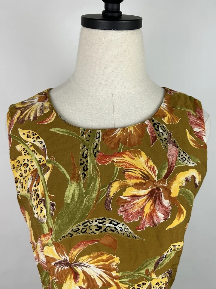 Blusa Tanque Vintage Años 90 S Marrón Tostado Rayón Tropical Floral Leopardo Hawaiano Boho  Foto 2 de 4