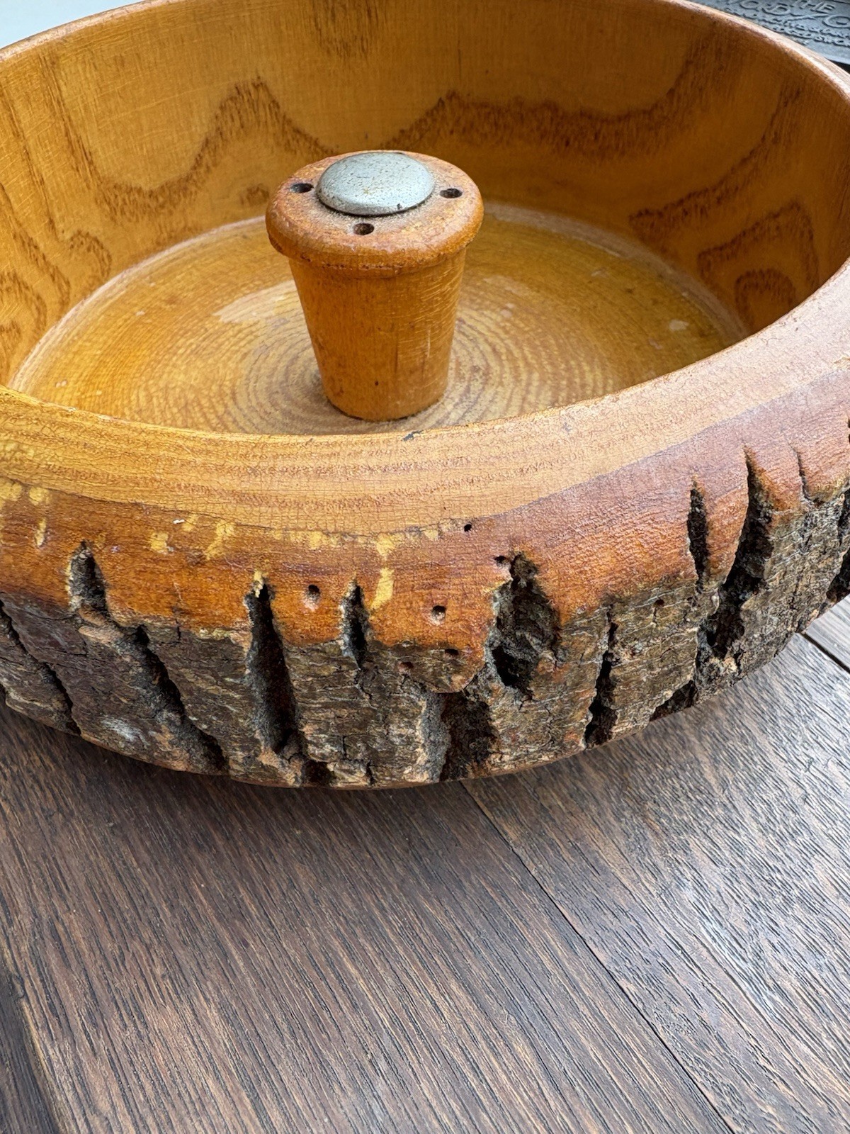 VTG Nut Cracker Set Wooden Log Bark Nut Bowl w/3 HMO Nut Crackers Picks