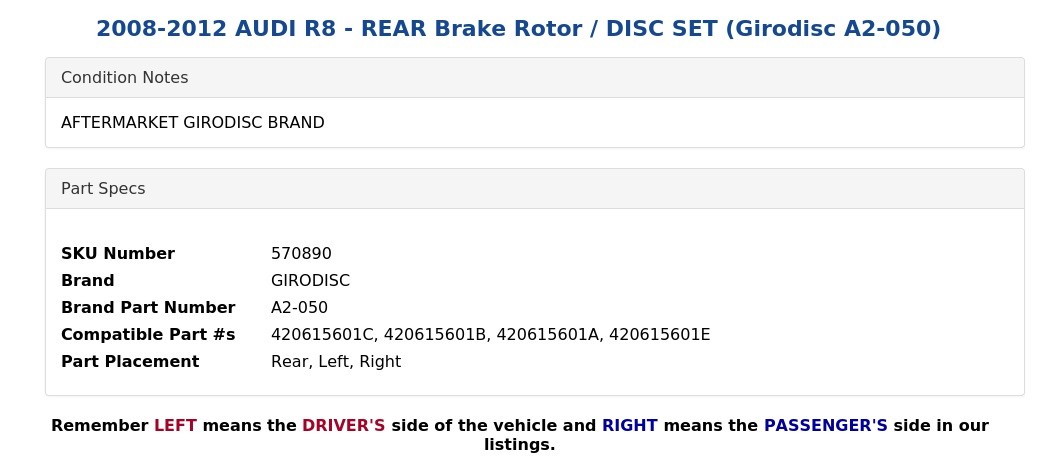 Audi R8 2008-2012 Rear Right Brake discs Set