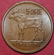Norway  1961  5 Ore, King Olav V, Moose-   Foreign Coin  27mm