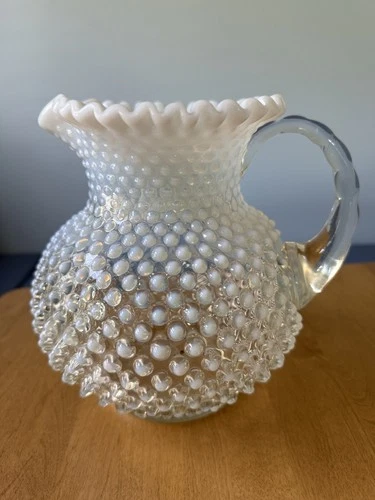 FENTON WHITE MOONSTONE OPALESCENT HOBNAIL PITCHER~APPLIED BAMBOO HANDLE~8" HIGH