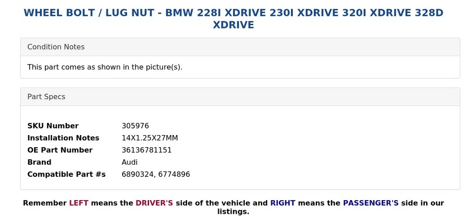 PERNO DE RUEDA / TUERCA - BMW 228I XDRIVE 230I XDRIVE 320I XDRIVE 328D XDRIVE Foto 4 de 4