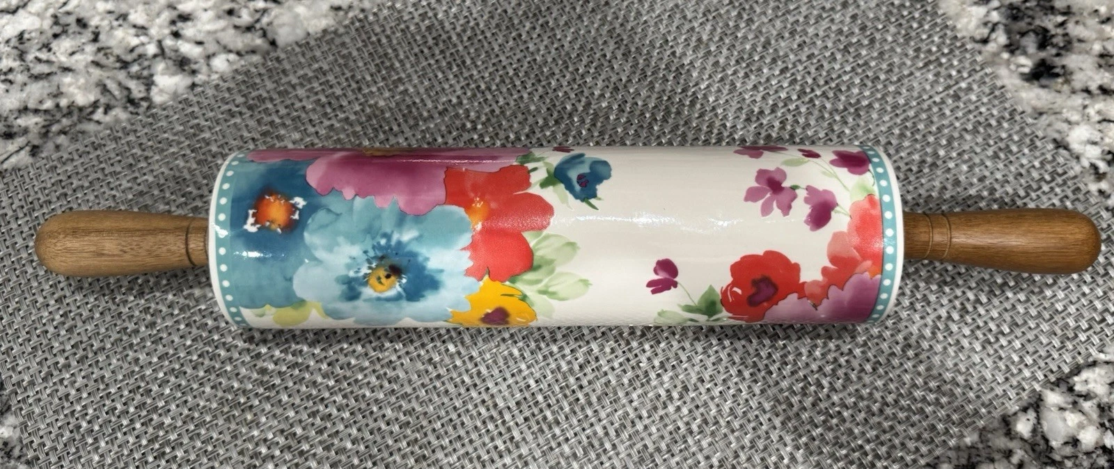 Pioneer Woman Ceramic Rolling Pin, "Breezy Blossoms" Pattern,Acacia Wood Handles