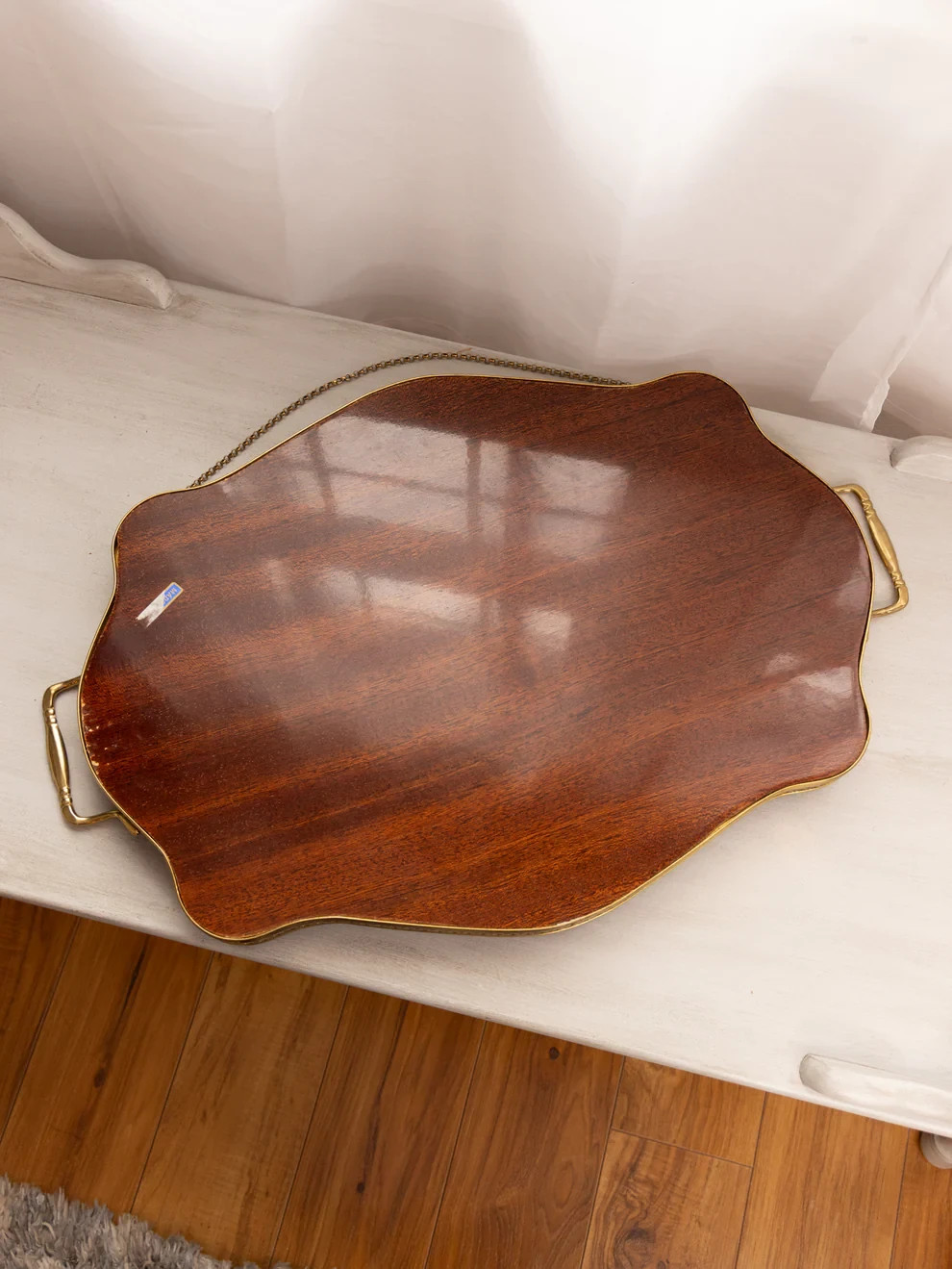 Vintage Large Marquetry Floral Wood Veneer Tray with Gold-Tone Details