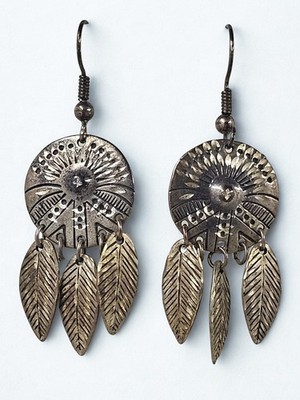 Vintage Sterling Silver Concho Feather Dangle Earrings Southwestern