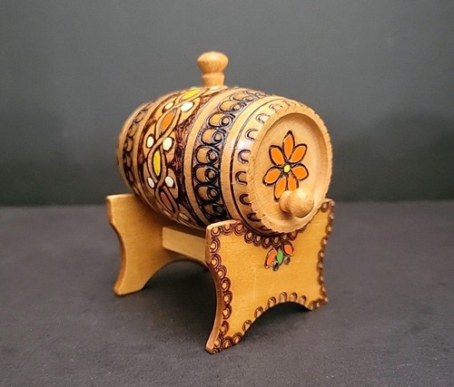 Pyrography Barrel Mini Keg BULGARIAN 1970s Handpainted Wooden Folk Art