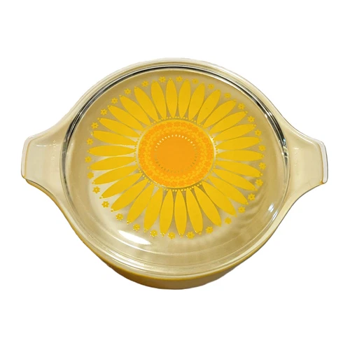 Vintage Pyrex 475 Daisy Sunflower 2.5 Qt Round Casserole Dish w Lid Yellow 1970s