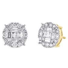 10K Yellow Gold Round  Baguette Diamond 4 Prong Circle Stud 10mm Earrings 1 CT.