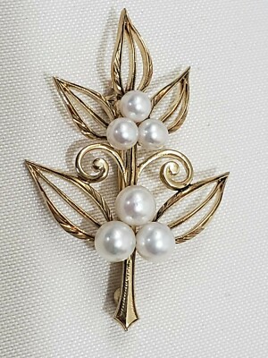 Mikimoto 14K Yellow Gold Pearl Leaf Brooch Pin 6.1 Grams Vintage