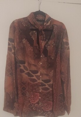 Tolani Collection LS Printed Modal Modern Button Down Tie Neck Top Brown Sz Med