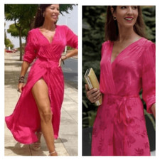 Zara Women's Floral Jacquard Long Sleeve Tie Waist Long Wrap Dress Fuchsia Sz XS