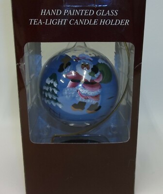 Hand Painted Glass Santa Claus Christmas Ornament Tea Light Candle Holder MIB
