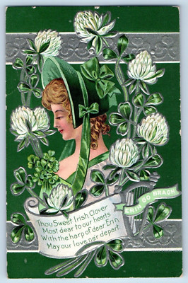 Modesto CA Postcard St. Patrick's Day Pretty Woman With Hat Flowers Clover Nash