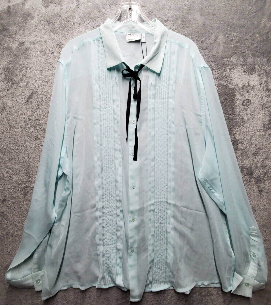 Asos Design Top Womens 4XL Ice Blue Green Sheer Pleated Neck Tie Long  Sleeves