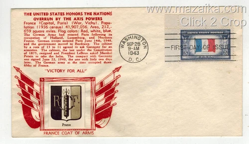 1943 WW2 Patriotic FDC OVERRUN COUNTRIES 915 FRANCE CROSBY PHOTO COAT OF ARMS