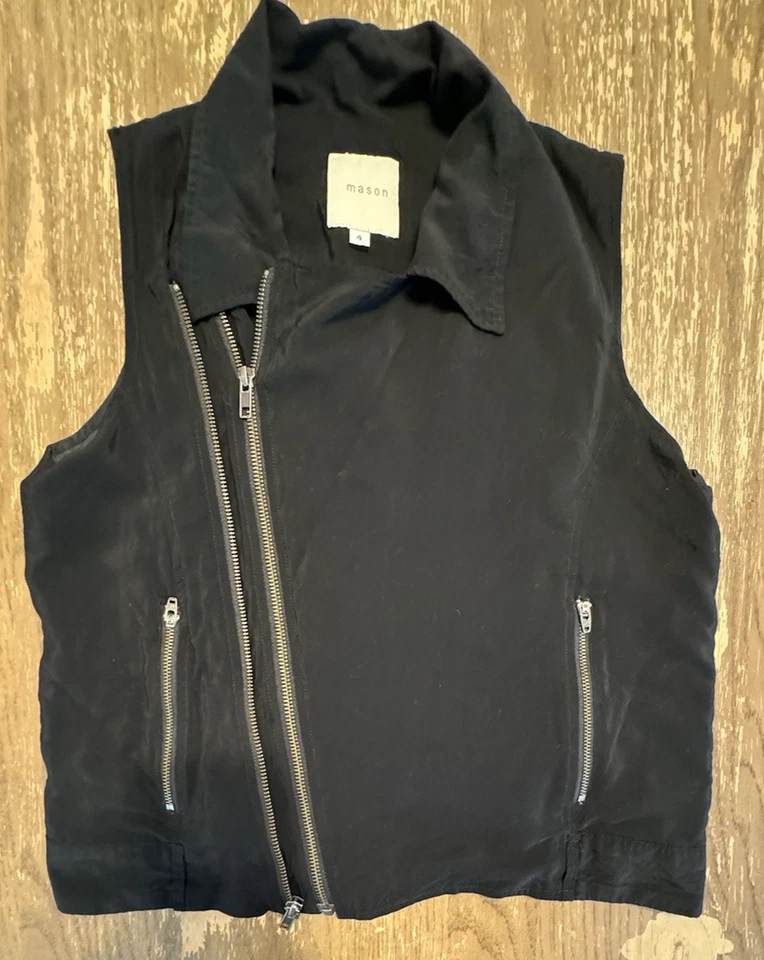 Mason Mujeres Talla 4 Doble Cremallera Bolsillos Negro Chaleco Cuello Seda Sin Mangas Moto Foto 3 de 4