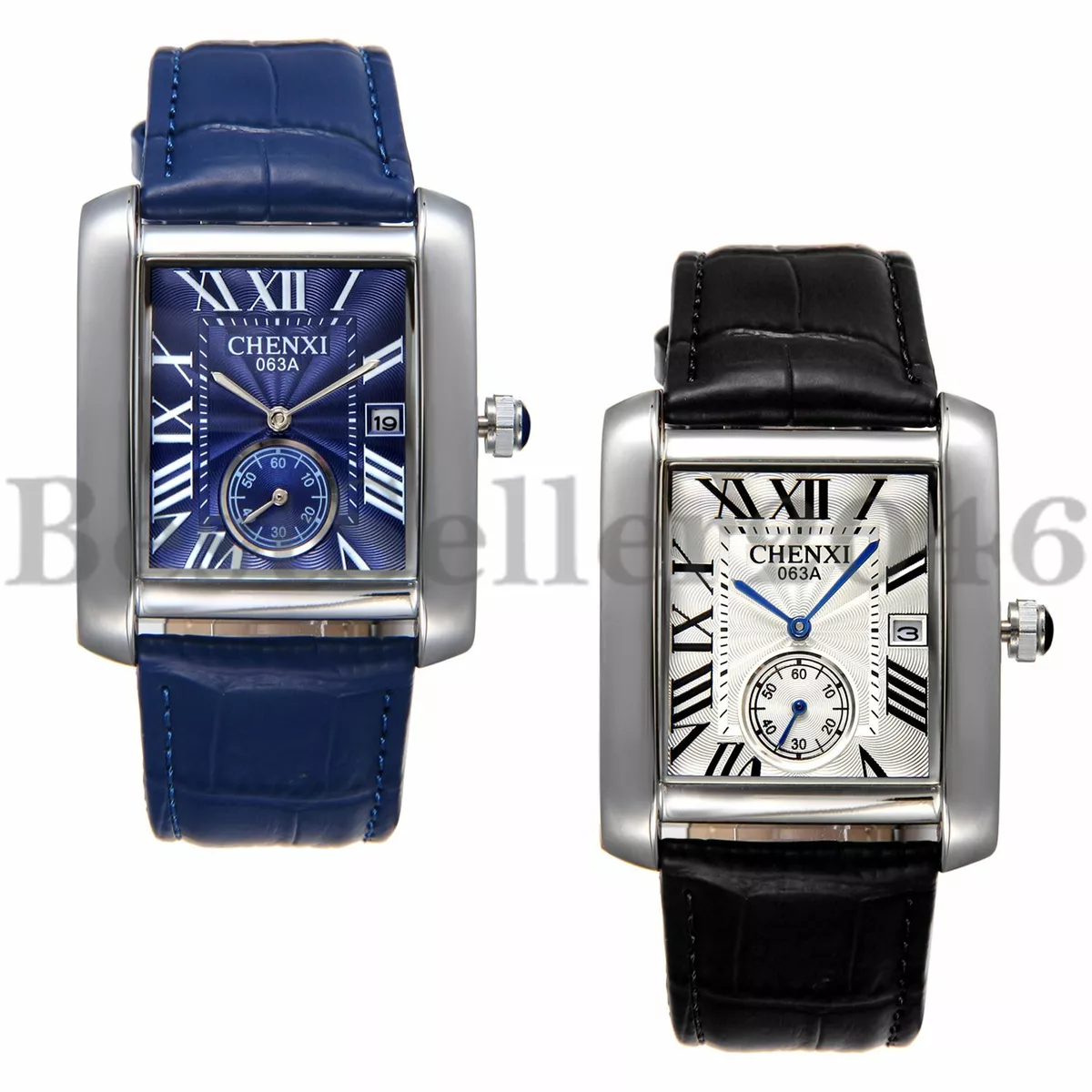 Roman Numerals Date Square Dial Men Leather Band Quartz Analog