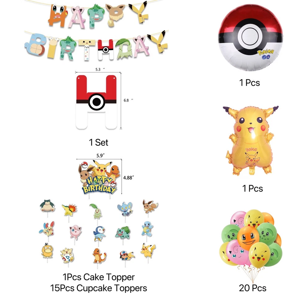 Pokemon Kids Birthday Party Decorations Party Set Pikachu Cake Topper Foil Balloon - Image 3 of 4