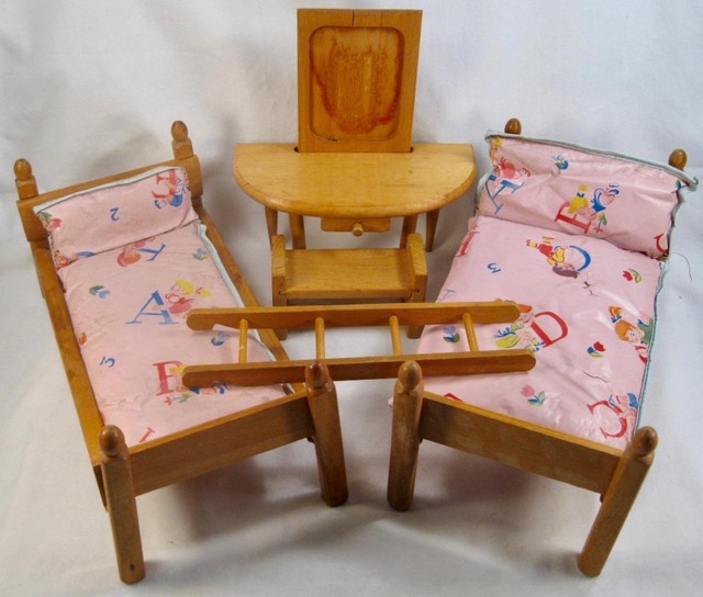Strombecker Vintage Childs Wooden Doll Bunk Bed Set & Kohner Vanity