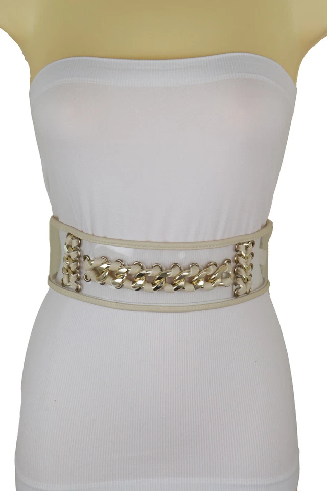 Mujer Correa Elástica Crema Ancha Gran Adición Cinturón Metal Dorado Cadena Eslabón Ajuste S M Foto 3 de 4