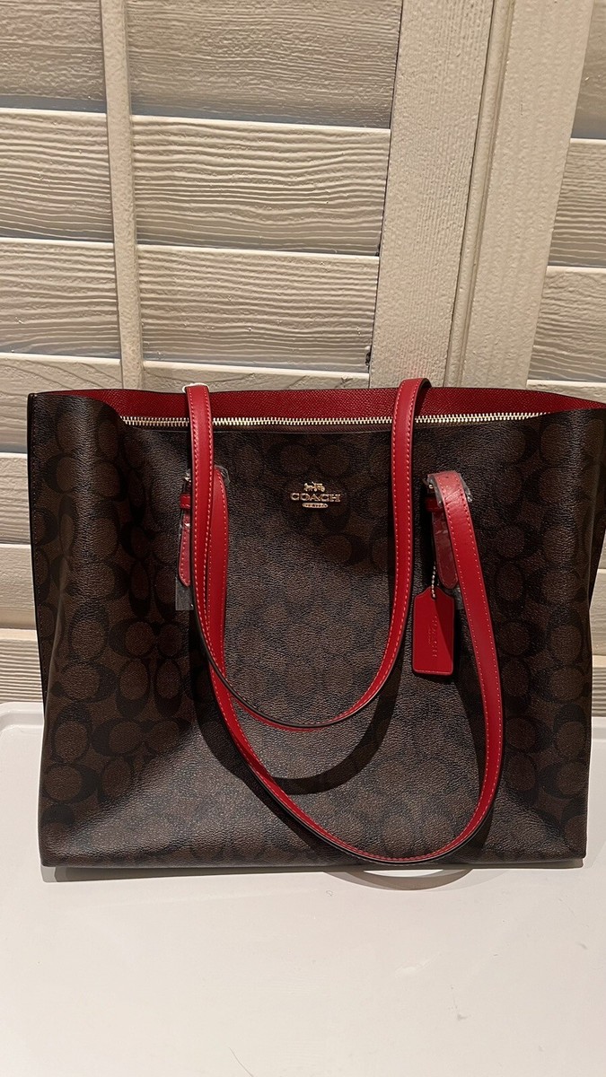 COACH モーリトートバッグ ブラウン/レッド Brand New Coach Signature Mollie Tote Brown Red Tote , Free