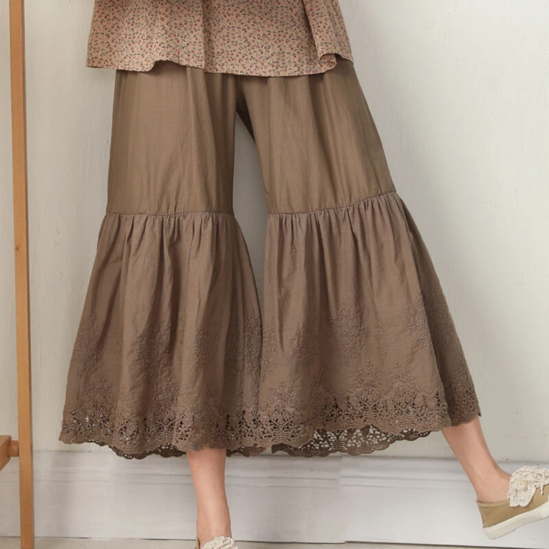 Women's Japanese Embroidery Flared Pants Trousers Bell Bottoms Loose Summer