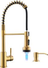 Gold Kitchen Faucet with Soap Dispenser Single Hole Pull down Sprayer LED Faucet