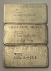 Lot of 3 Vintage Simmons 1 Troy Ounce .999 Silver Bar … Plain Commercial Variety
