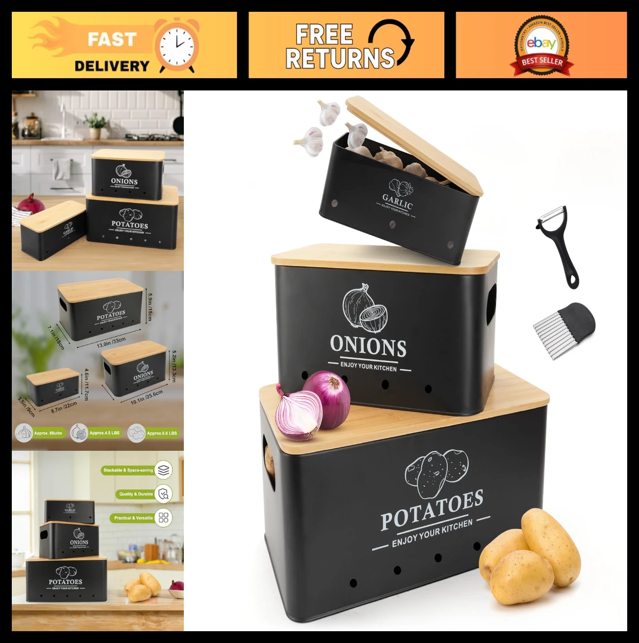 3-Piece Metal Vegetable Storage Set - Onion, Garlic & Potato Canisters with Wood