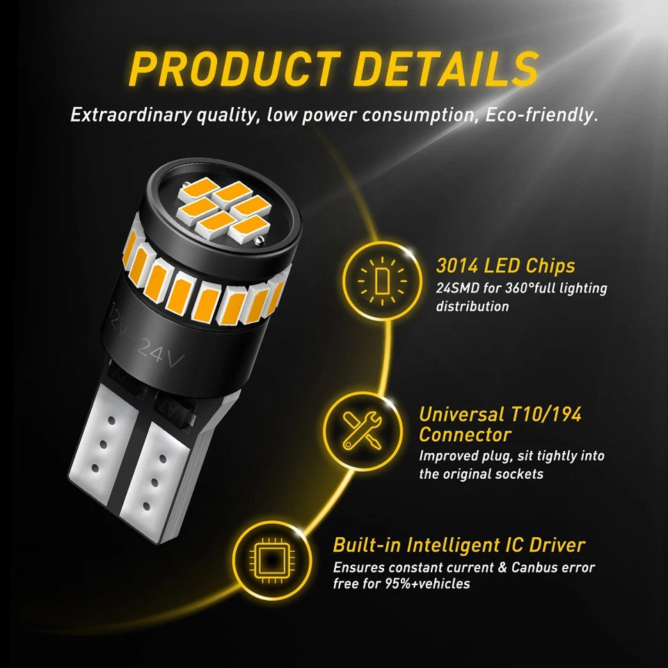 2x AUXITO T10 168 194 2825 ámbar LED matrícula marcador lateral bombilla Canbus Foto 2 de 4