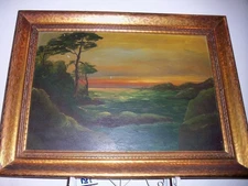 Seascape Sunset Painting Oil on Board Ocean Cliff ANTIQUE GILT FRAME LA Pick UP