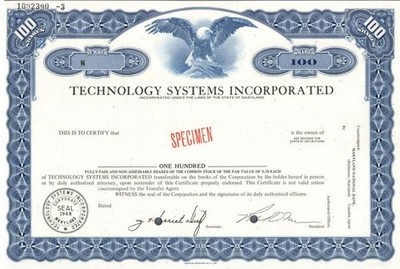 Technology Systems Incorporated - Specimen Stock Certificate - Specimen Stocks