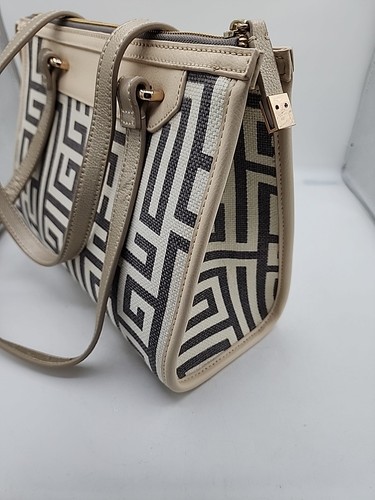 Spartina 449 De Renne Island Shoulder Bag Geometric Taupe Cream Linen Leather - Picture 6 of 17