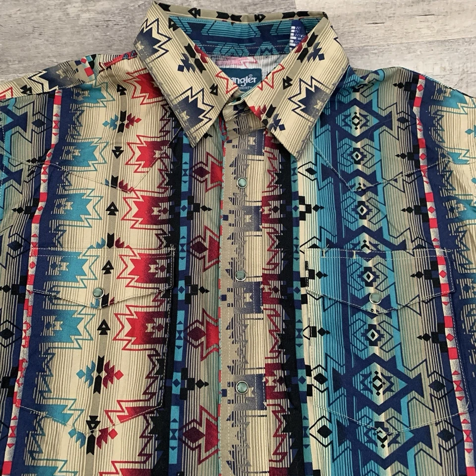 Wrangler Brush Popper Snap Shirt Mens Large Southwestern Striped Aztec Cowboy - Image 4 of 4