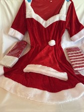 NEW 4 Pcs Girls Christmas Red Santa Claus Outfit Hat Dress GLOVES Tights SZ S