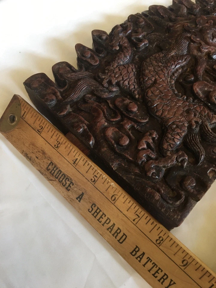 2 piezas de panel de palo de rosa tallado a mano chino vintage de los años 80 motivo de nube y dragón Foto 4 de 4