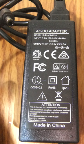 AC/DC Adapter Model CT-1250 Input 100v-240v~50/60Hz Output 12V  5A - Afbeelding 3 van 4