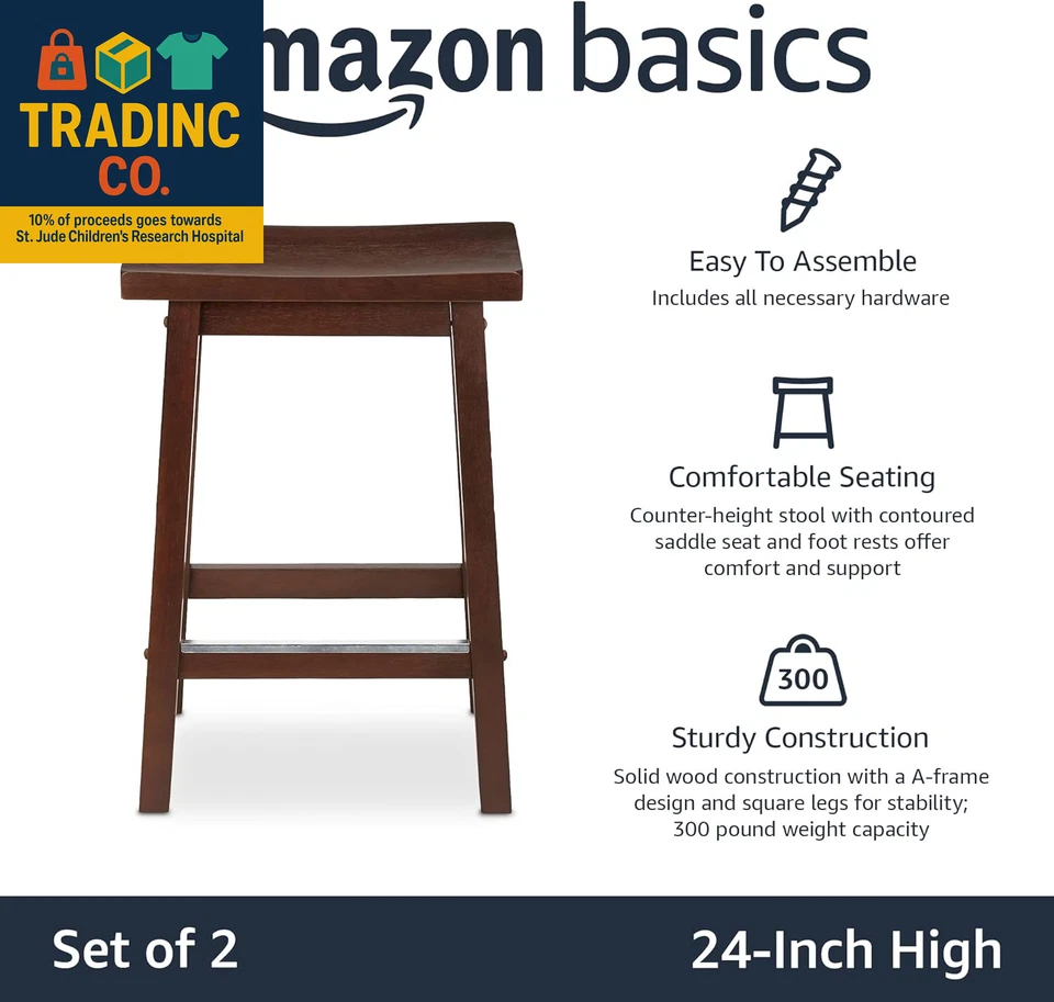 Solid Wood Saddle-Seat Kitchen Counter Barstool with Footrest, Easy Assembly - 2 - Image 4 of 4