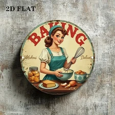2D Flat, 2D Flat2D Flat Retro Baking Wall Art Round Aluminum Sign, Woman, Cake,