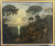 LARGE c1840 MOONLIT SCENE FIGURES BY CLASSICAL RUINS PETHER ANTIQUE OIL PAINTING